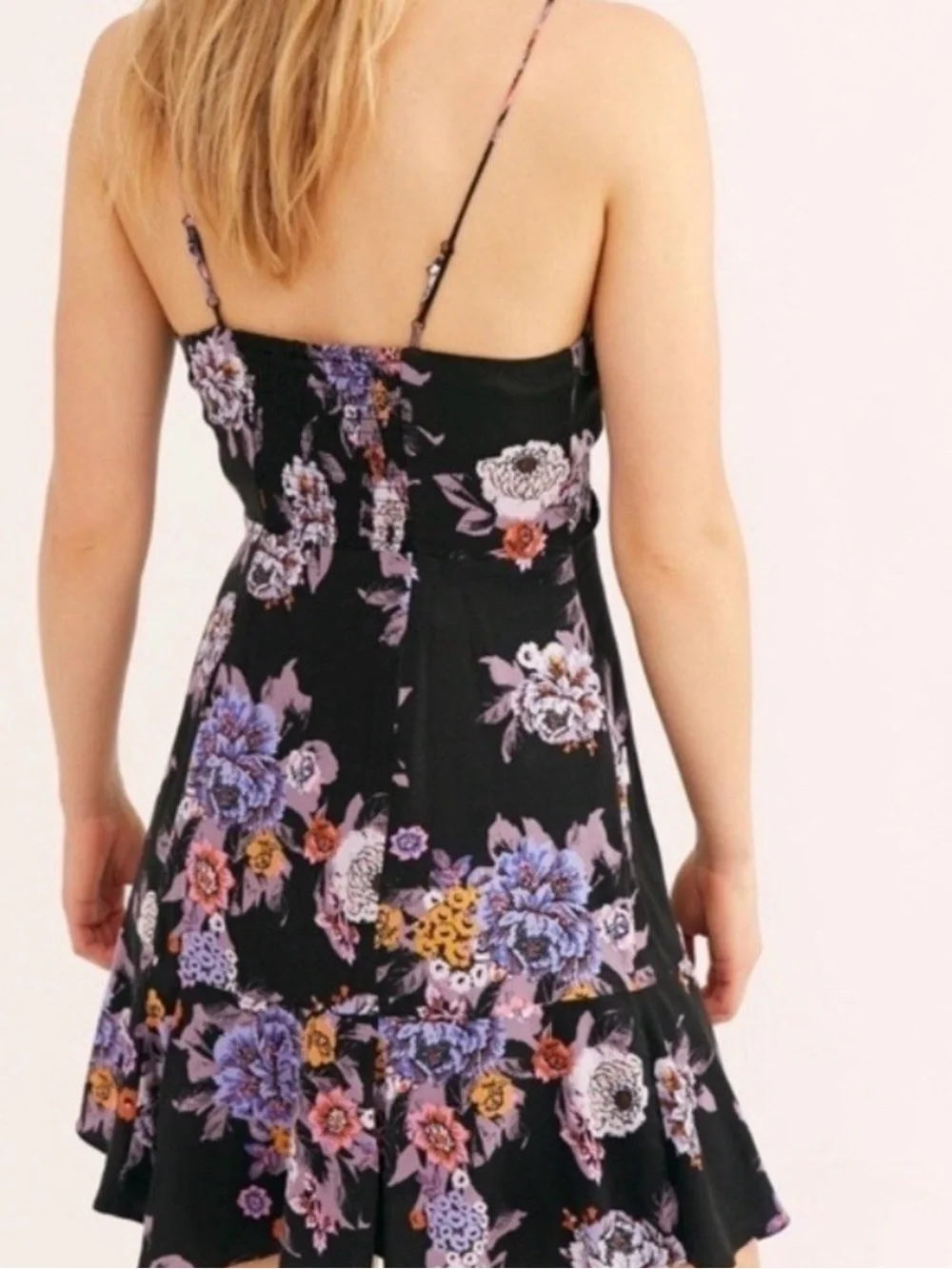 Free People Floral V-Neck Mini Dress in Black and Lavender
